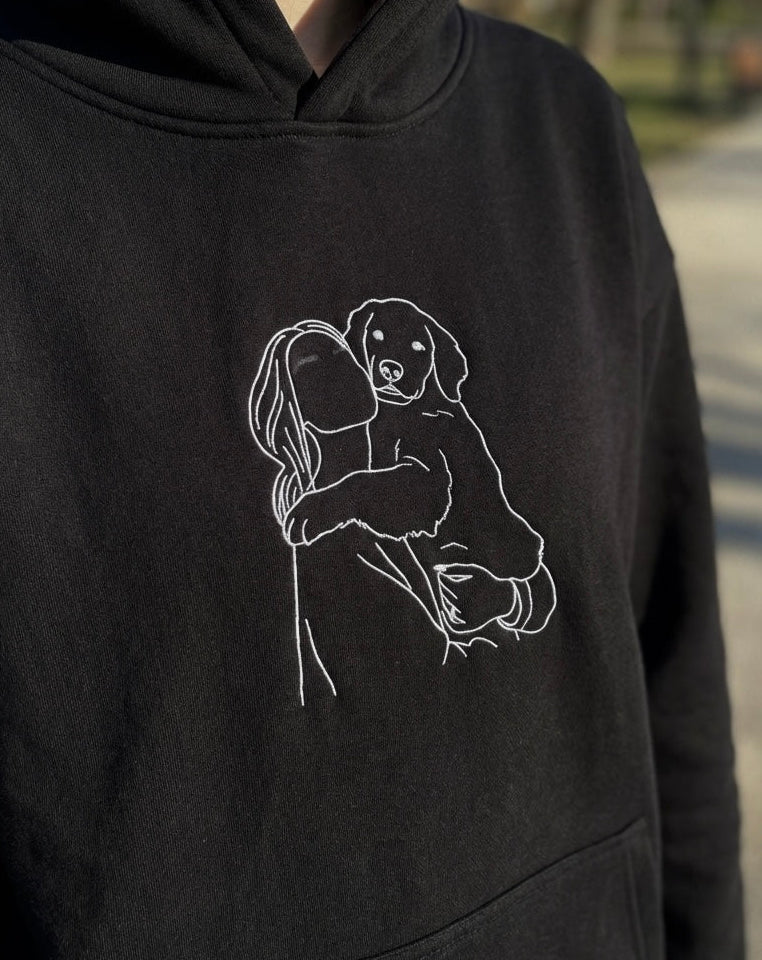 Custom pet portrait hoodie — embroidered dog and owner together Melbourne. Mother’s day gift.