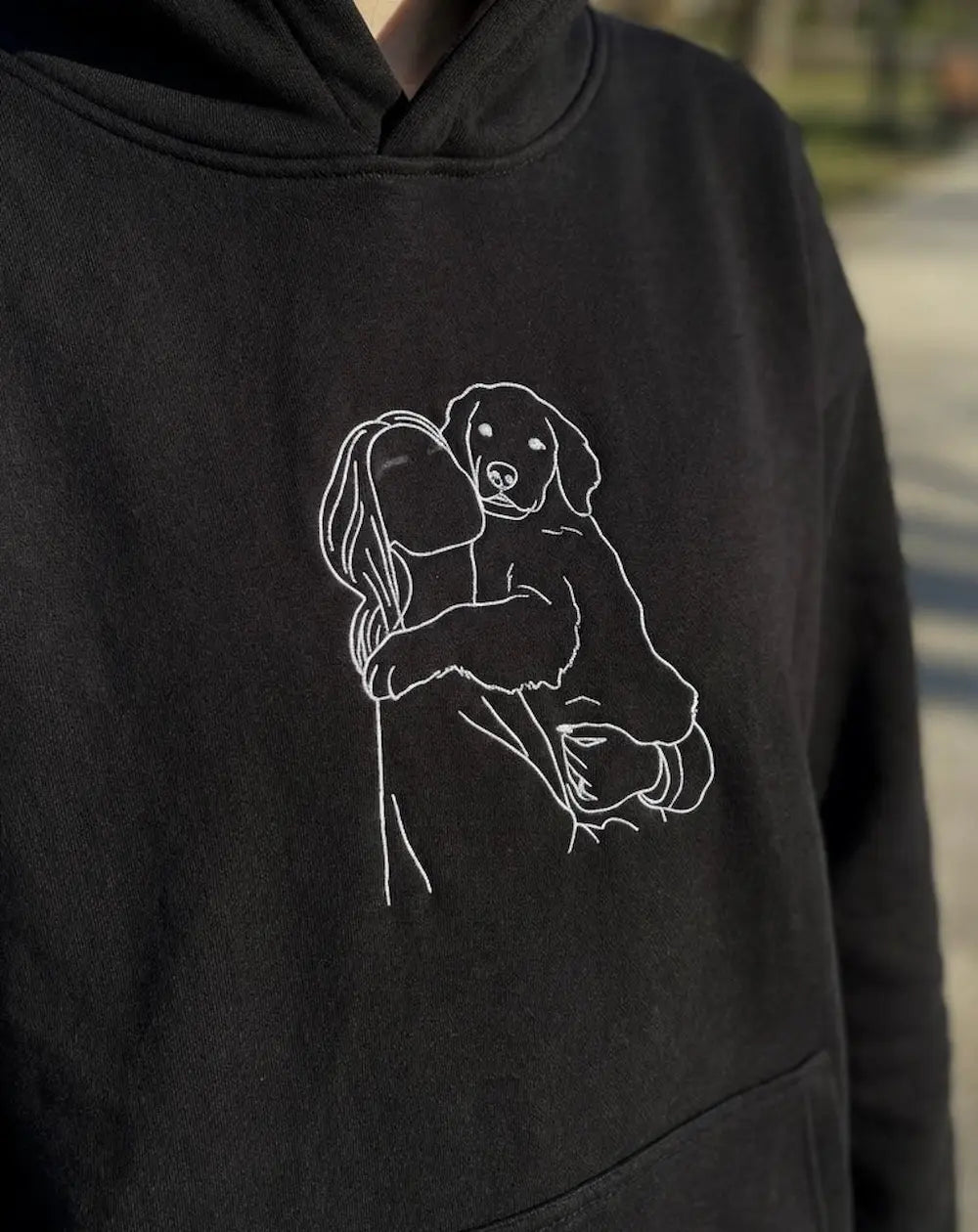Custom pet portrait hoodie — personalised dog and owner embroidered together on 380GSM cotton hoodie, made in Melbourne Australia