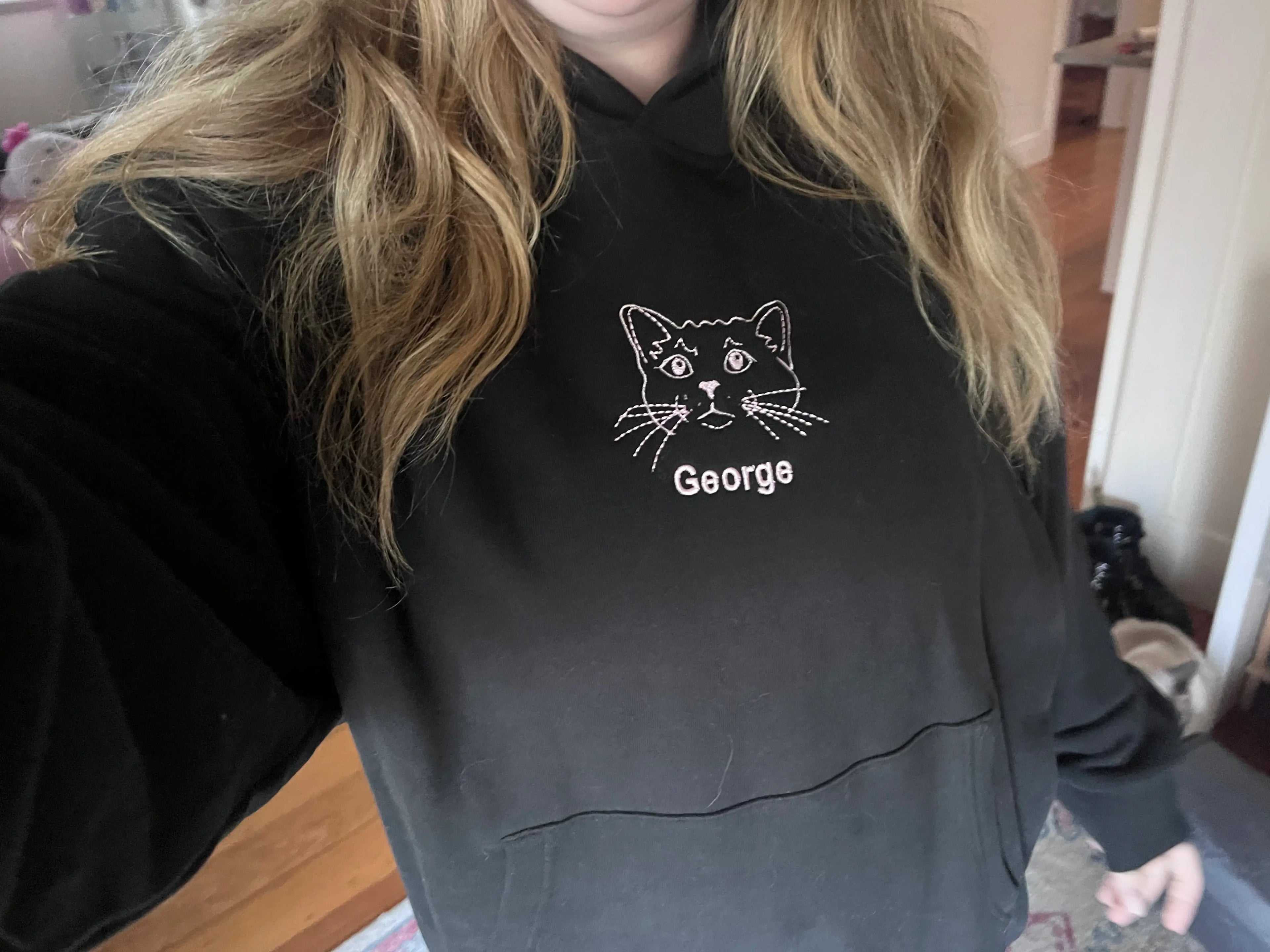Personalised cat mum hoodie Australia — custom embroidered cat portrait on heavyweight cotton hoodie, made in Melbourne