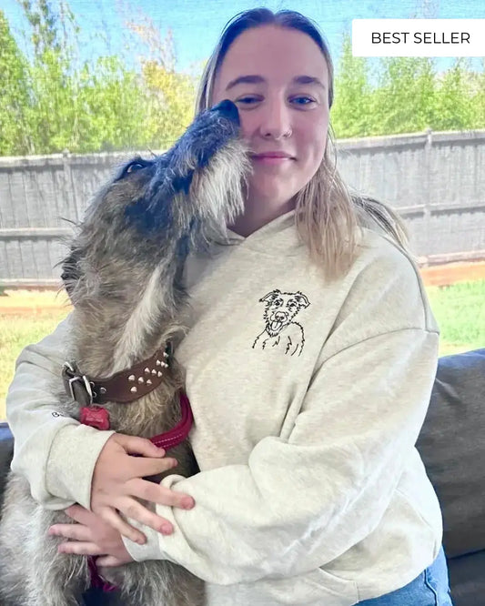 Personalised dog mum hoodie — custom embroidered pet portrait on grey cotton, made in Melbourne Australia
