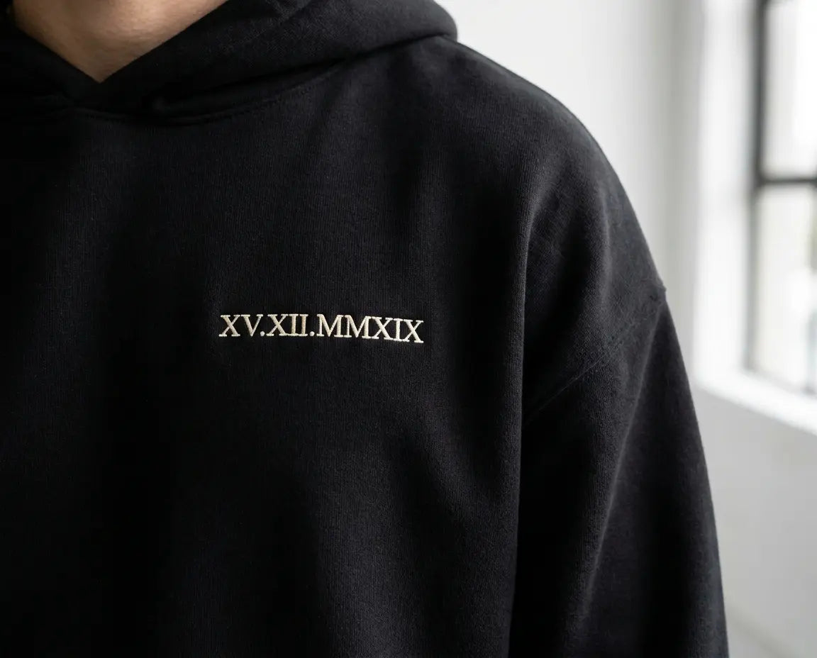 Roman numerals embroidery hoodie close up - stitched Melbourne made premium
